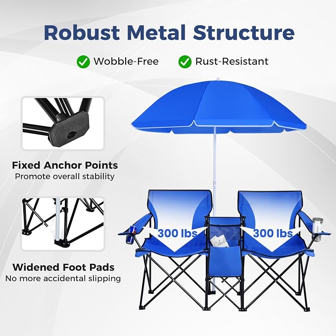 Goplus Double Camping Chair with Umbrella, Folding Loveseat Chairs w/Canopy Shade, Carrying Bag, Table, Cup Holder, Portable Beach Chairs Outdoor Picnic Patio (Blue) - Image 3
