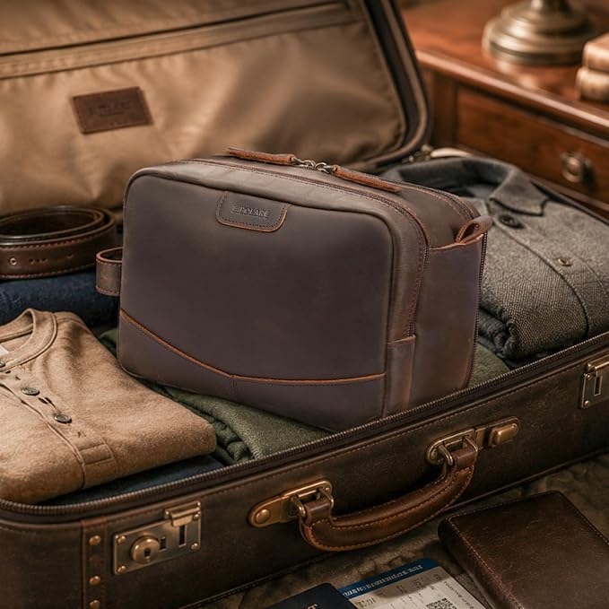 Polare Toiletry Bag Full Grain Leather Shaving Kit Dopp Kit Travel Case Wash Bag with YKK Zippers - Image 7
