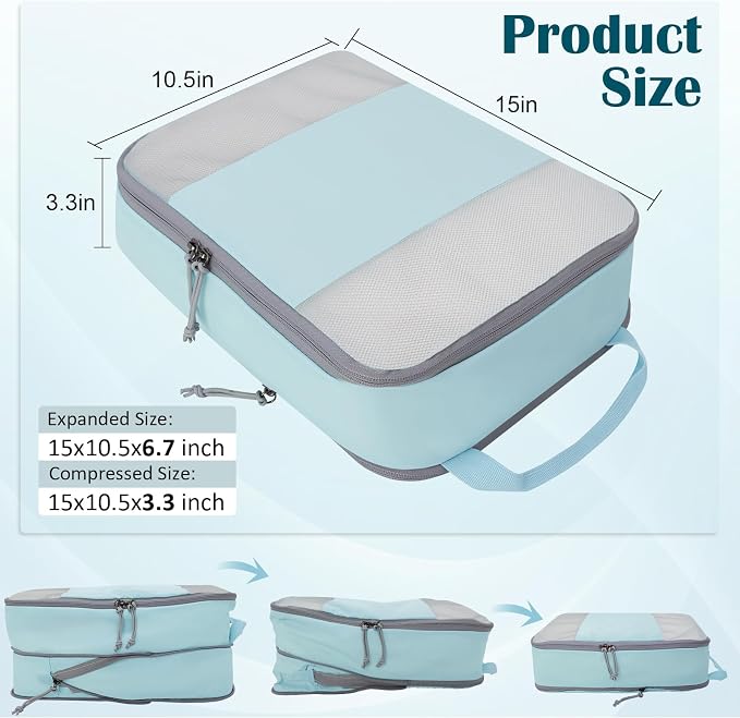 Compression Packing Cubes for Travel Essentials, 2 Set Expandable Compression Bags for Travel Packing Cubes for Suitcase Luggage Organizer Bags, Blue Mesh - Image 2