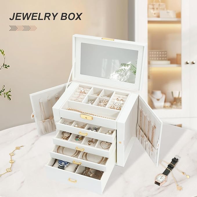 Jewelry Holder Organizer, Large Jewelry Boxes for Women, 5 Layers 4 Drawers Jewelry Box with Handle Jewelry Organizer for Earrings Rings Necklaces Bracelets, White - Image 4