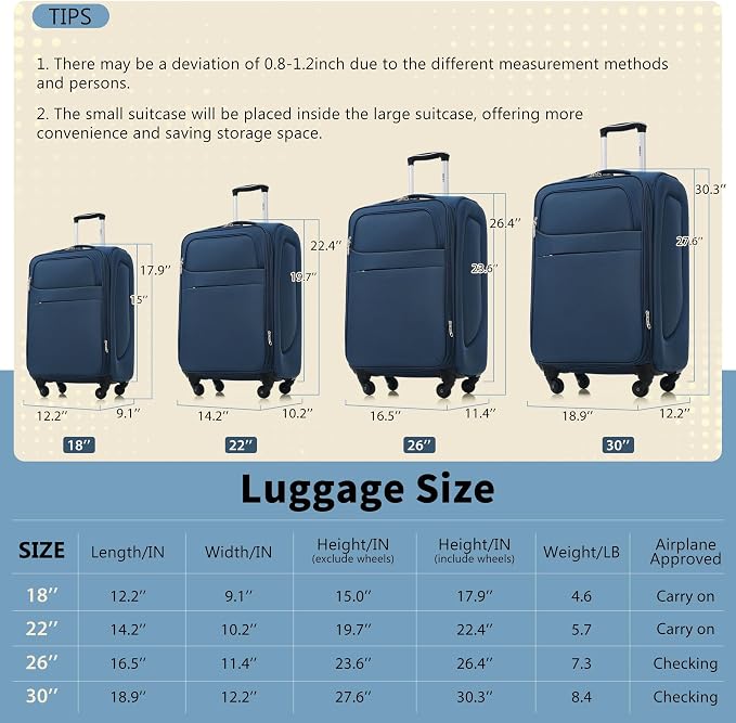 Merax Softside Luggage Set 4 Piece,18/22/26/30 Expand Suitcase,Deep Blue | Lightweight Travel Suitcase with Wheels, Luggage with TSA Lock, Suitcase,Carry On Checked Luggage Set - Image 8