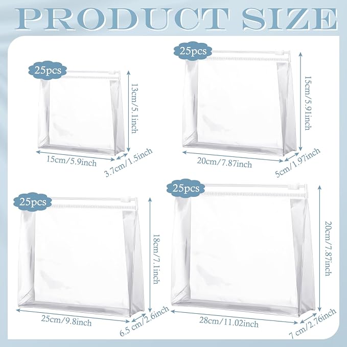 Xuniea 100 Pcs Mini Clear Makeup Bag PVC Small Travel Toiletry Organizer Pouches Bulk Waterproof Transparent Plastic Cosmetic Bag with Zipper for Women Men Travel (11'',9.8'',7.9'',5.9'') - Image 2