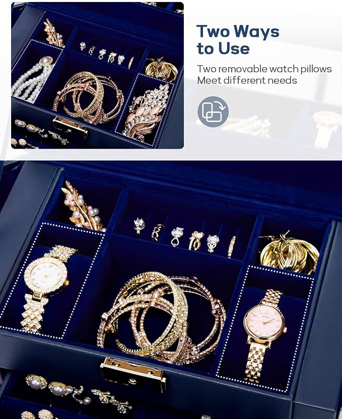 Homde Synthetic Leather Huge Jewelry Box Mirrored Watch Organizer Necklace Ring Earring Storage Lockable Gift Case (Dark Blue + Gold) - Image 4