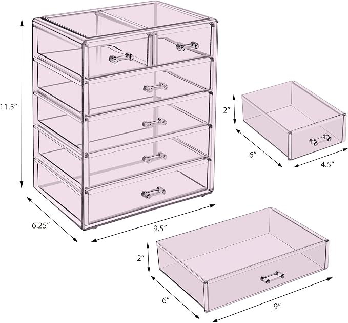 Sorbus Acrylic Makeup Organizer Set, 6-Drawer Vanity & Countertop Cosmetic Storage with Small & Wide Drawers, Purple Makeup Storage for Brushes, Lipsticks, Jewelry – Holiday Gift for Women & Teens - Image 3