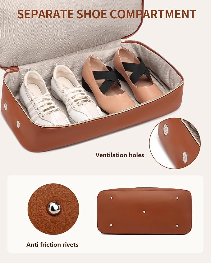 Large Weekender Bags for Women Travel, Under Seat Carry On Bags for Airplanes Overnight Bag with Shoe Compartment Luggage Sleeve, Foldie Travel Tote Bag Hospital Bag, Travel Gifts, Beige Brown - Image 4