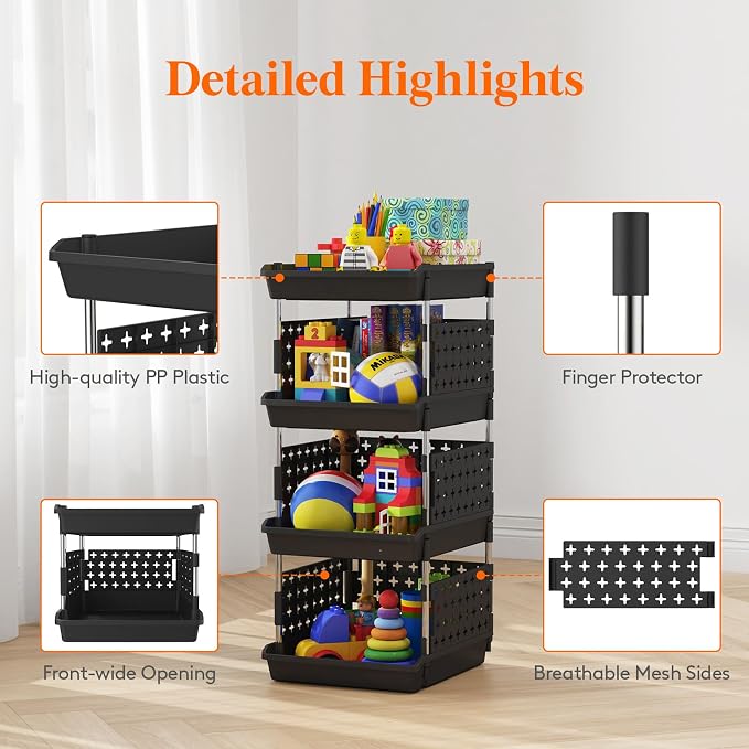 Lifewit Plastic Stackable Storage Baskets, 4 Tier Stacking Bins for Food and Clothes, Multifunctional Organizer for RV, Kitchen, Playroom, Pantry, Black, 35 x 30 x 72 cm/14 x 12 x 28 inch, 1 Pack - Image 7