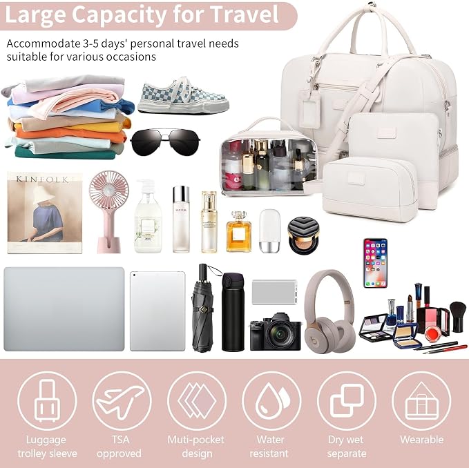 Wogarl 4PCS Weekender Bags for Women Large Overnight Weekend Travel Duffel Carry on Shoulder with Shoe Compartment Canvas Toiletry Bag for Travel Business Gym - Image 7