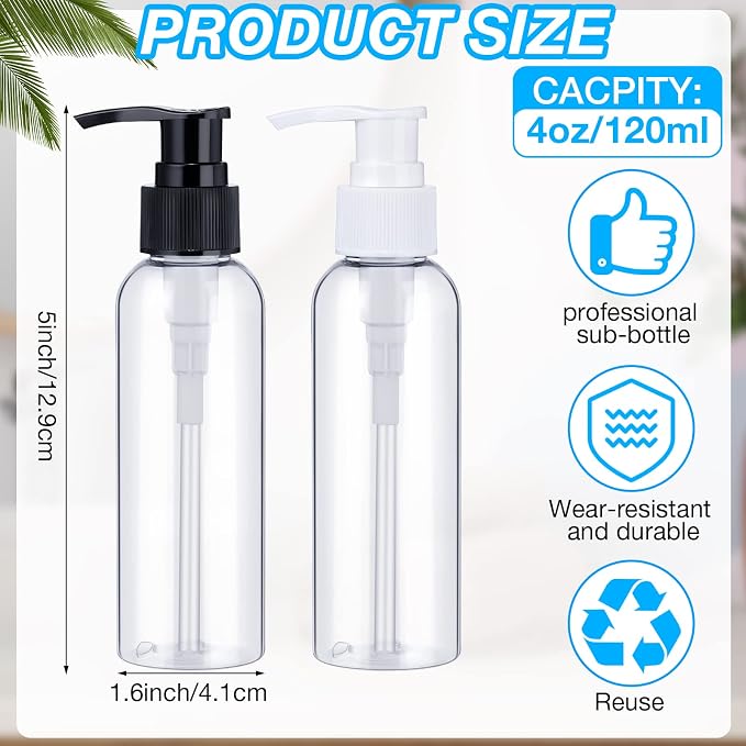 Nuenen 48 Pcs Refillable Empty Lotion Bottles 4oz/120ml Plastic Pump Bottles Conditioner Shampoo Dispenser Leak Proof Pump Container for Body Wash, Creams, Liquid Soap(Black and White) - Image 2