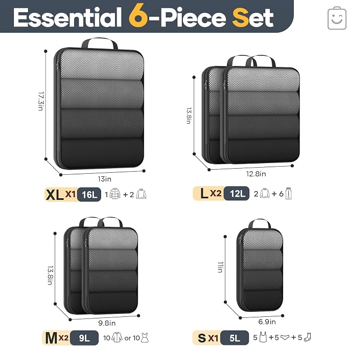 Veken 6/9/11 Set Compression Packing Cubes for Travel Essentials,Compressible Expandable Luggage Suitcase Organizer Bags with Garment Bag,Space Saver Bags with Over 1000 pcs of Mesh Holes(Black) - Image 2