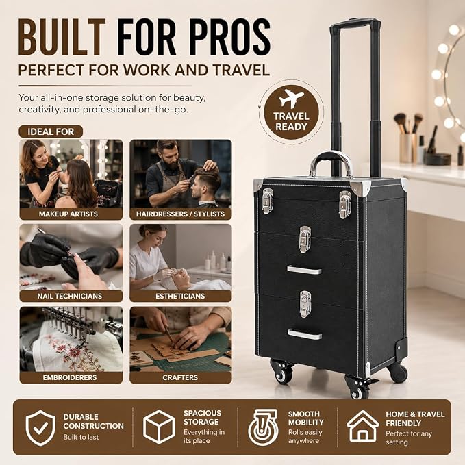 Rolling Makeup Case with Drawer Cosmetic Trolley 3 Tier Travel Cosmetic Organizer on Wheels Salon Barber Case for Makeup Artist Tattooist Nail Tech Hairstylists (Type F, Black) - Image 8