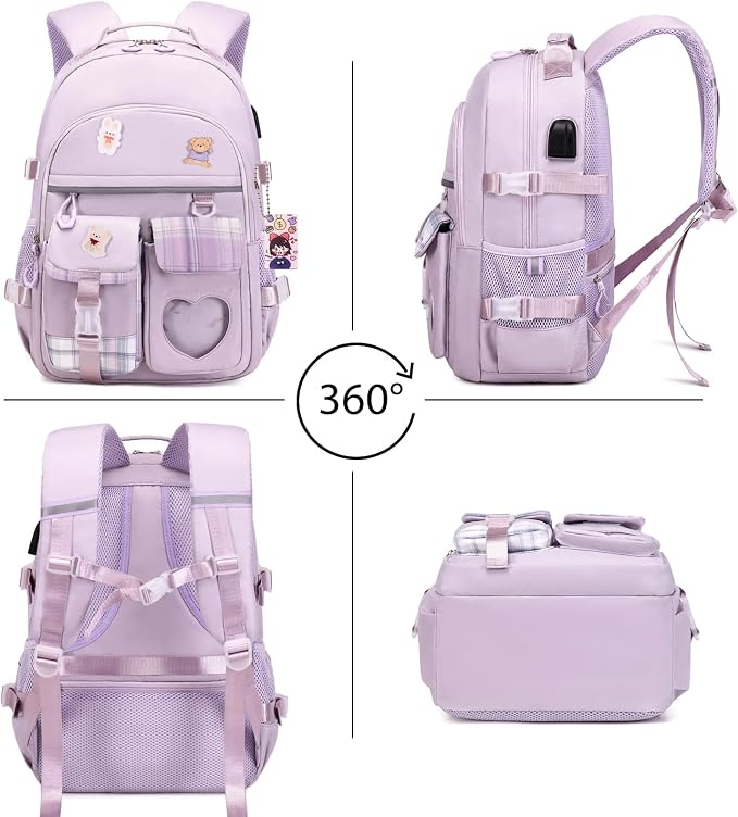 ACESAK Backpack for Girls - Bookbag Backpacks Schoolbag for Girls Kids Teen Women Casual Travel Daypacks - School Bag Elementary Middle School College Cute Backpack with Lunch Box (Purple) - Image 5
