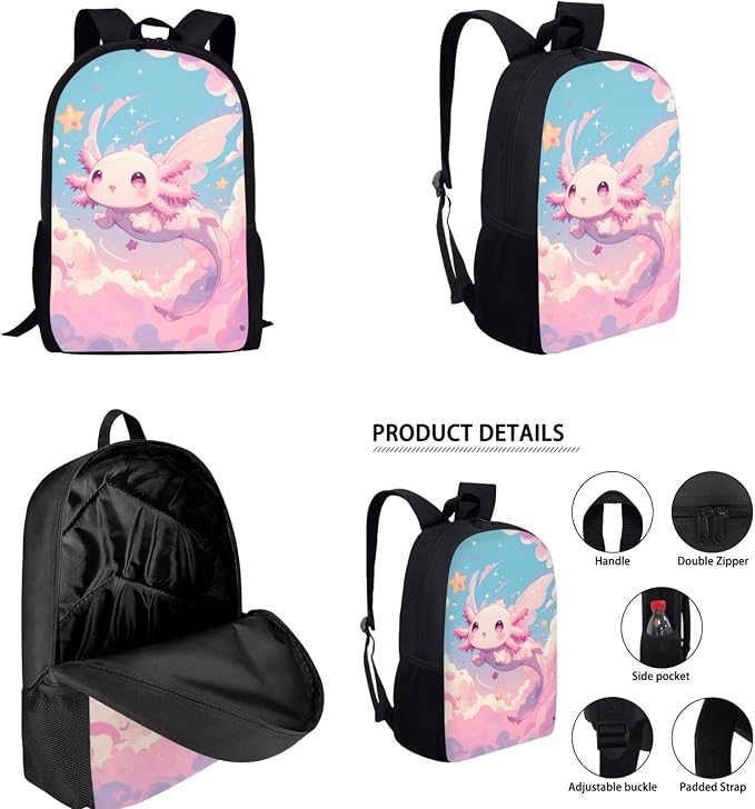 Cute Axolotl Backpack for School Girls 1st Grade with Lunchbox 4 in 1 Kids Bookbag and Lunch Box Set 17in Elementary Schoolbag Lunch Bag Pencil Case Primary Back Pack Water Bottle Carrier - Image 2