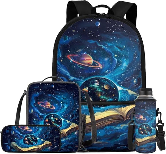 Space Galaxy Backpack for Boys Girls Backpack with Lunch Box Water Bottle Pouch and Zipper Pencil Pouch 4PCS Set Bookbag with Front Pocket for School 17 inch Large Capacity School Bag for Kids by ELEDIZI