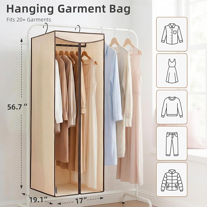 STORAGE MANIAC 57" Hanging Garment Bag Zipper Cover with Sealed Clear Window, Long Garment Cover for Closet Storage Wardrobe Clothes Protector, Large Garment Storage Bag for Dresses, Beige，2-Pack - Image 2