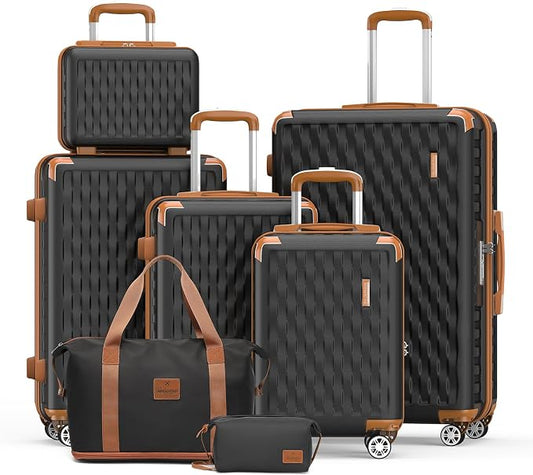 Melalenia Luggage Sets 7 Piece Suitcase Set, Hard Shell Carry on Luggage Travel Suitcases with Spinner Wheels and TSA Lock, Lightweight Luggage Set for Women, Black Brown by Melalenia