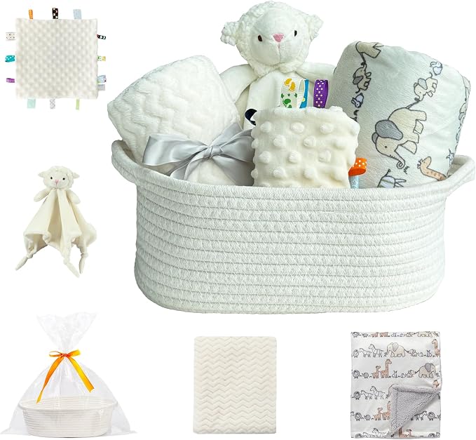 CREVENT Baby Welcome Gift Set Storage Basket with 2 Blankets+ 1 Security Blanket + 1 Taggie + 1 Gift Bag with Ribbon (Ivory) by CREVENT