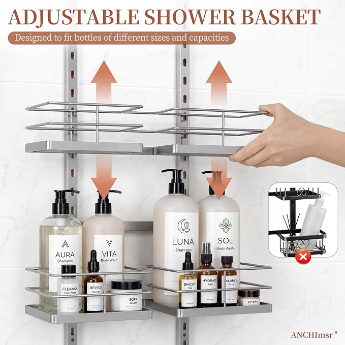 4-Tier Adjustable Hanging Shower Caddy for Handheld Showerhead, Silver | Rustproof Shower Rack Baskets, Anti-Swing Hanging Shower Organizer for Bathroom Storage with 2 S-Hooks, Large Capacity - Image 4