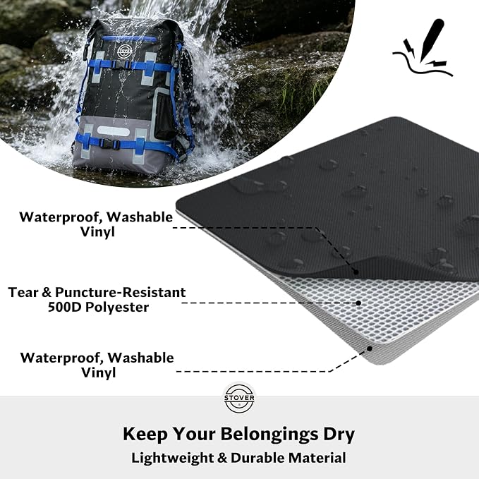 STOVER 30/40/55L Waterproof Dry Backpack & Phone Case - X-Large Floating Dry Bag for Kayaking, Travel, Hiking, Fishing, Camping, Motorcycles & Beach, Heavy-Duty Roll Top Men/Women (Black/Grey/Blue) - Image 3