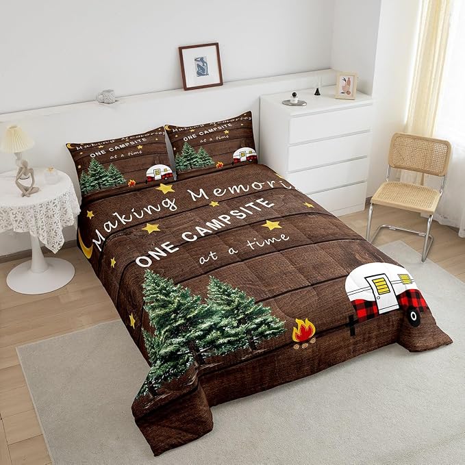 Erosebridal Camping Comforter Set for Kids Boys Girls,Camper Bedding Twin Size,Vintage Happy Camping Comforter for Youth Bedroom Decor,Rustic Tree Wooden Barn Door Down Comforter with 1 Pillowcase - Image 3
