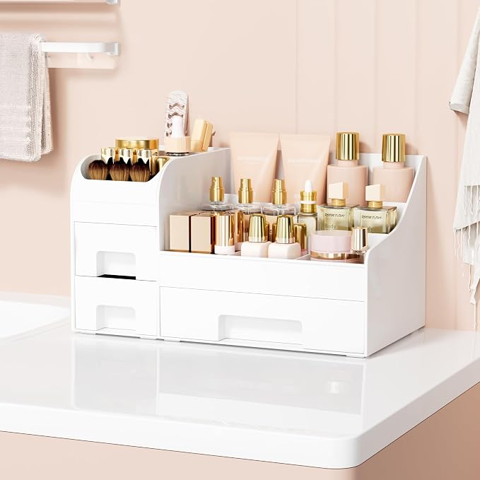 Makeup Organizer with Drawers,Large Cosmetic Storage Box,Countertop Skincare Organizer,ABS Makeup Brush Holder for Bathroom,Desk,Dresser,Multifunctional Beauty Display Case,White transparent - Image 2