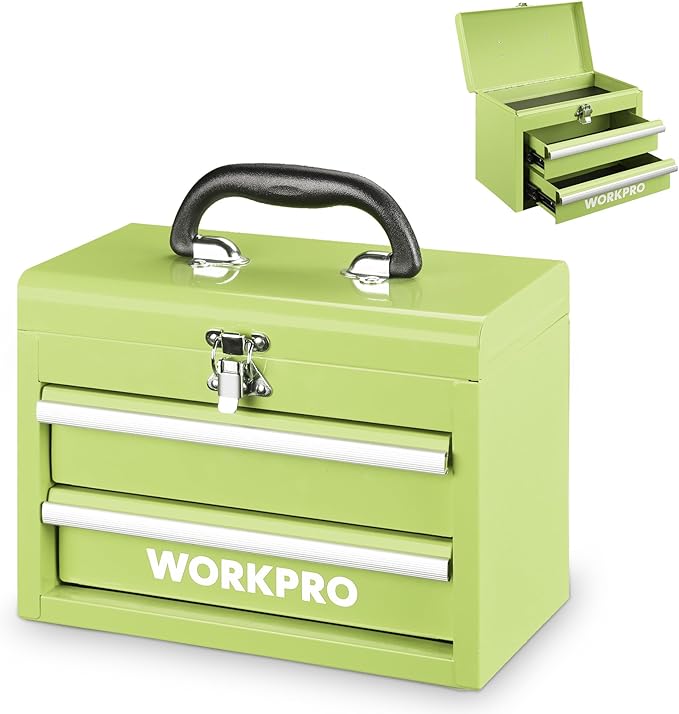 WORKPRO Portable Mini Metal Tool Box with 2 Drawers | Metal Tool Chest, Ball Bearing Slides, Top Storage, Latch Handle, PVC Drawer Liners, PP Feet Pads by WORKPRO
