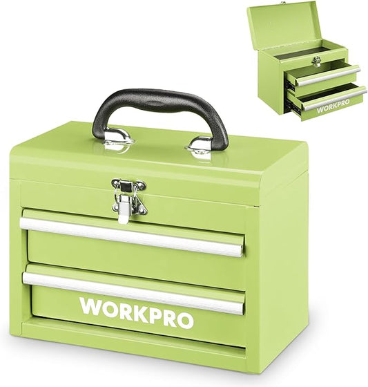 WORKPRO Portable Mini Metal Tool Box with 2 Drawers | Metal Tool Chest, Ball Bearing Slides, Top Storage, Latch Handle, PVC Drawer Liners, PP Feet Pads by WORKPRO