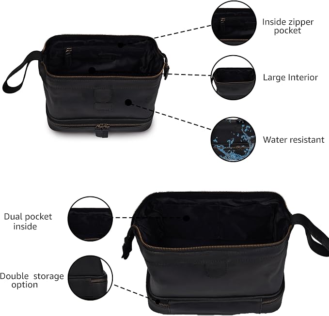 LEATHER VILLAGE Genuine Leather Dopp Kit – Large Travel Toiletry Bag with Waterproof Lining, Dual-Zip Design for Men & Women, Organizer for Shaving, Makeup & Essentials - Black - Image 4
