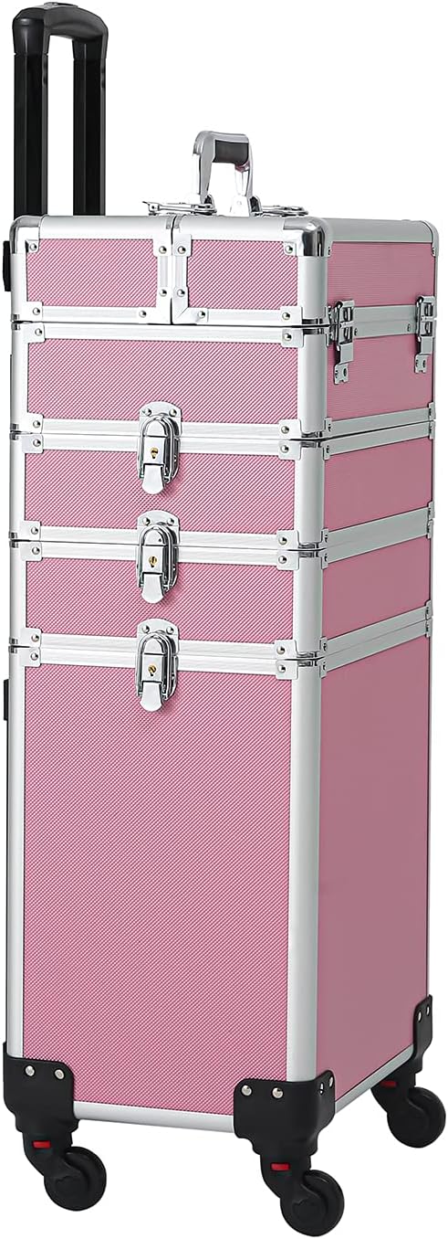 Karl home 4 in 1 Makeup Train Case Rolling Cosmetic Trolley Large Capacity Travel Organizer with Key 360°Swivel Wheels for Beauticians Hairstylists Nail Tech Students, Pink - Image 6