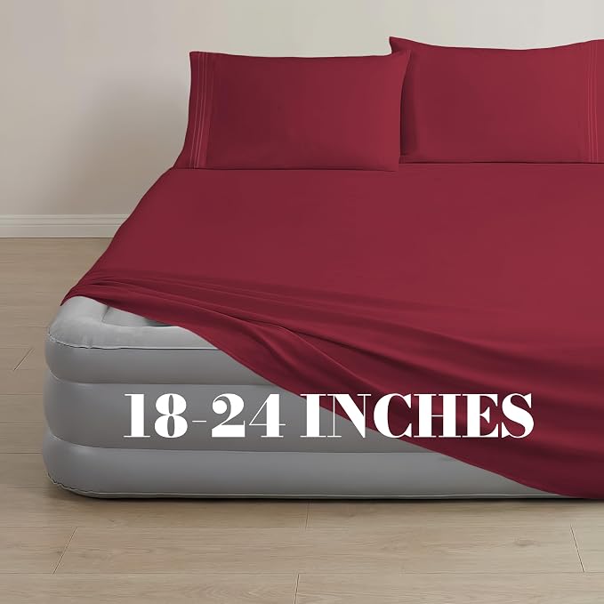 Mocassi 4-Piece Extra Deep Pocket 16-24 Inch Air Mattress Bed Sheet Set- 4PC Sheet Set with Smart Pockets Ideal for Air Beds, RVs, Camping and Guest Rooms Premium Hotel Quality, Twin XL, Burgundy - Image 3