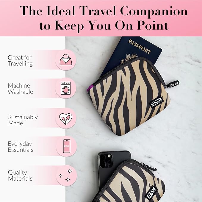 KUSSHI 2pc Neoprene On-The-Go Pouch Set - Passport Holder and Travel Zipper Makeup Pouch for Purse - Small Purse Pouch for Organization, Electronics, Glasses & Valuables (Zebra) - Image 3