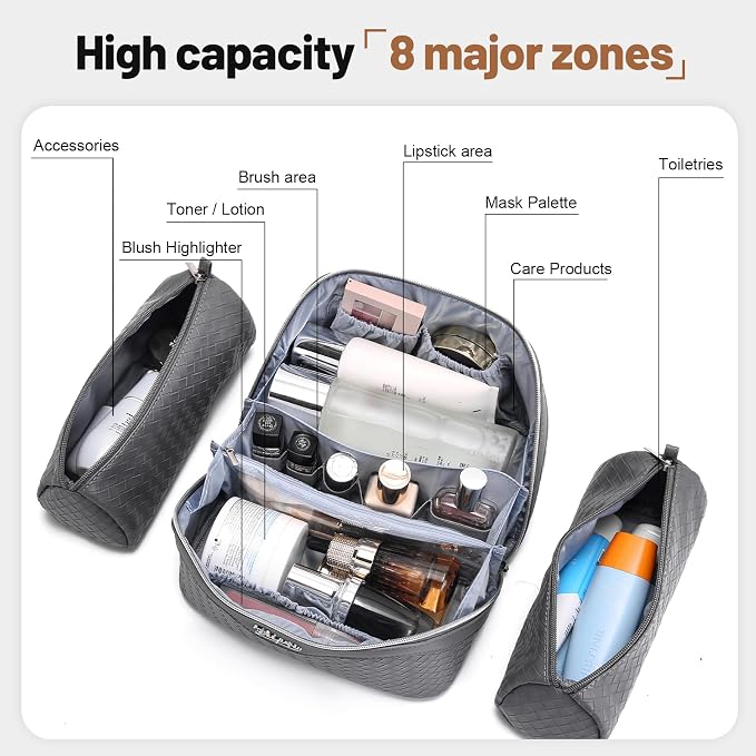 BOYATU Travel Makeup Bag Cosmetic Bags for Women: Large Capacity 3 Pcs Set Make up Bag with Compartments - Waterproof Vegan Leather Toiletry Organizer Bags with Handle (L07Grey) - Image 4