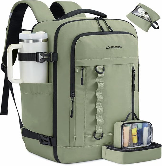 LOVEVOOK 40L Travel Backpack for Men Women, Waterproof Carry On Backpack for Work & Travel, Flight Approved Personal Item with 3 Packing Cubes, TSA Bag Fits 17.3" Laptop,Greyish green by LOVEVOOK