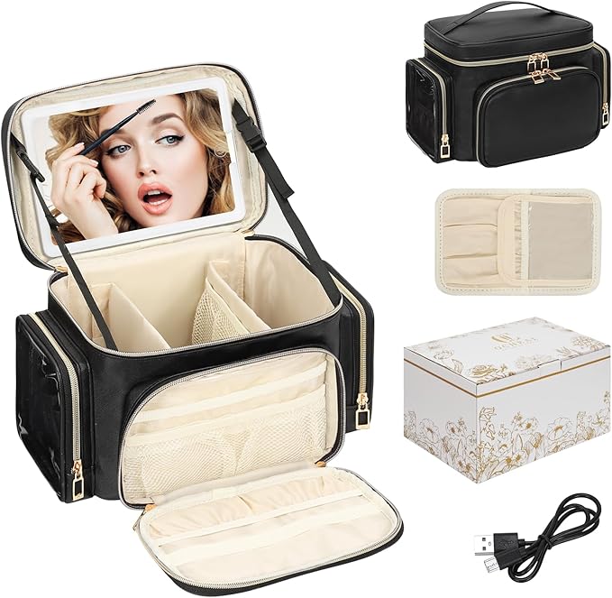 Large Makeup Bag with LED Mirror, Travel Makeup Bag Organizer for Women Girls with Makeup Brush Compartment & Two Side Pockets, 3 Color Lights Cosmetic Toiletry Bag- Leather Black - Image 8