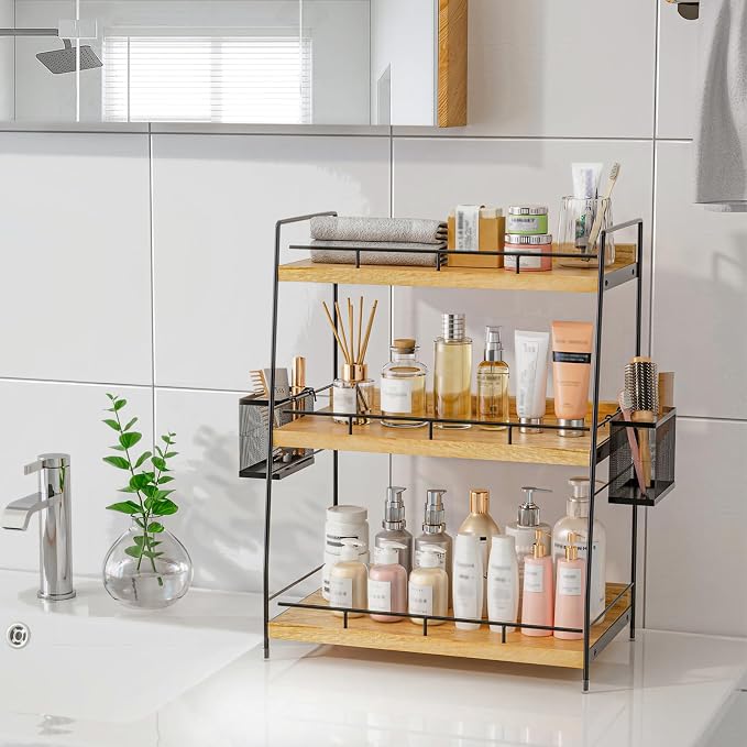 3 Tier Bathroom Counter Organizer with Side Baskets, Wood Countertop Vanity Shelf,Sturdy Metal Frame fits Tall Bottles - Image 5