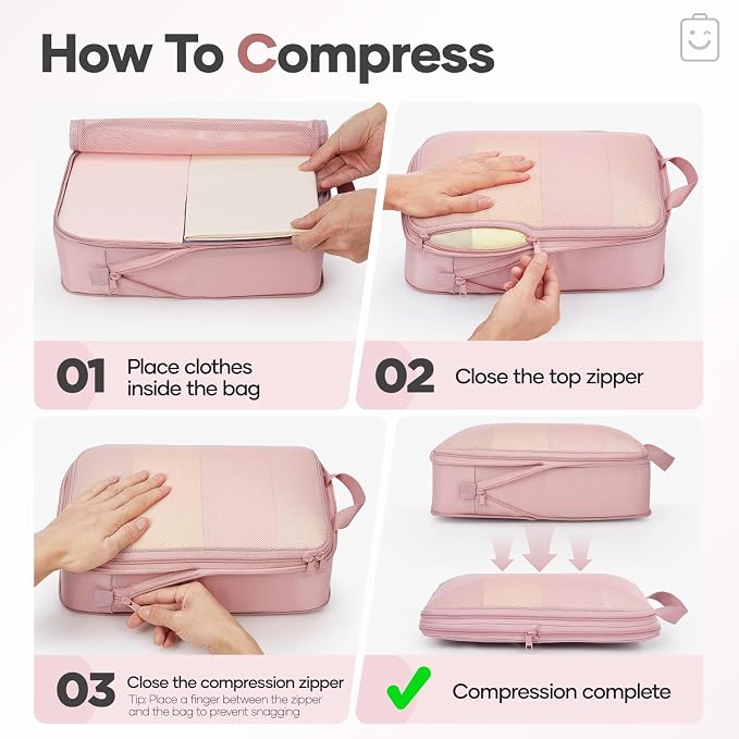 Veken 9/11 Set Compression Packing Cubes Garment Bags for Travel Essentials,Compressible Expandable Luggage Organizer Bags for Clothing,Space Saver Bags with Over 1000 pcs of Mesh Holes(Pink) - Image 3