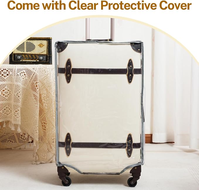 urecity 26" Vintage Luggage Set, 2 Piece Holy White Retro Checked Suitcase with Cosmetic Case, Luxury Vegan Leather Aluminum Frame Spinner Trunk for Women (with Protective Clear Cover) - Image 6