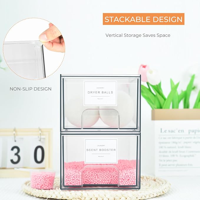 4 Pack Laundry Room Organization Storage Drawers with Labels, Clear Stackable Dryer Sheet Holder and Pod Containers, Detergent Dispenser for Laundry Room Organizing and Decor - Image 4