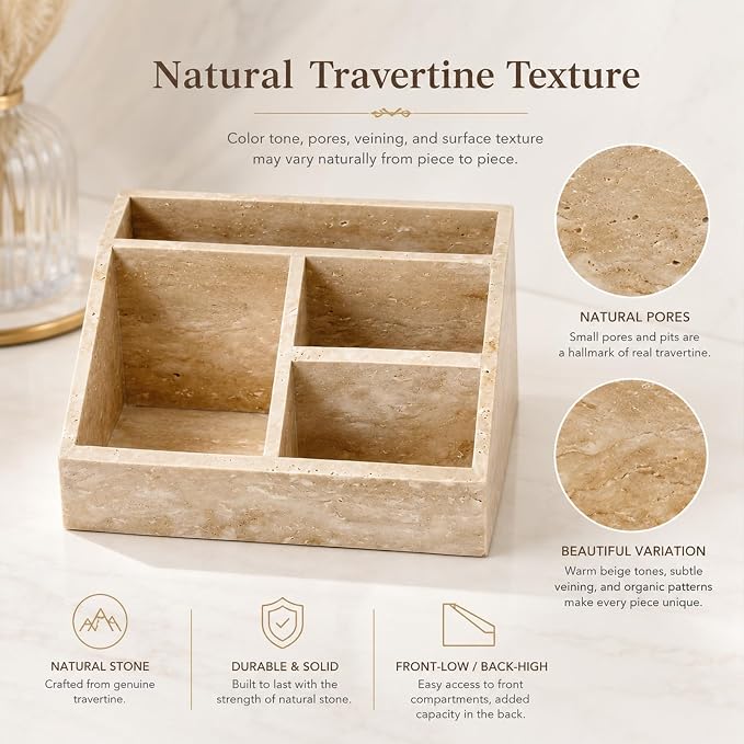 Travertine 4-Compartment Desk Organizer, Beige | Natural travertine with 4 compartments for pens, makeup brushes, skincare bottles, office supplies and vanity items - Image 6