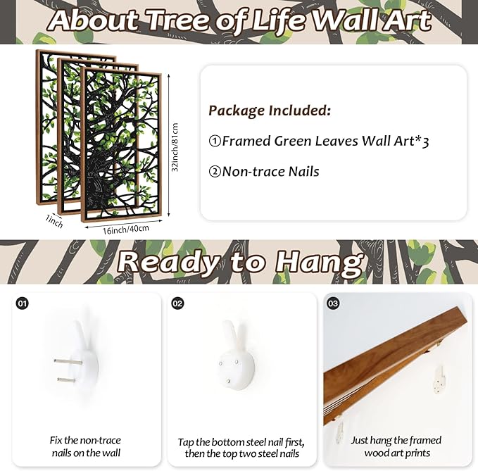 CHDITB Wooden Tree of Life Framed Wall Art(Set of 3, 16"x32"), 3 Panel Rustic Birch Green Leaves Hollow Laser Cut Artwork Decor, Modern Family Tree Wall Sculpture for Living Room Bedroom