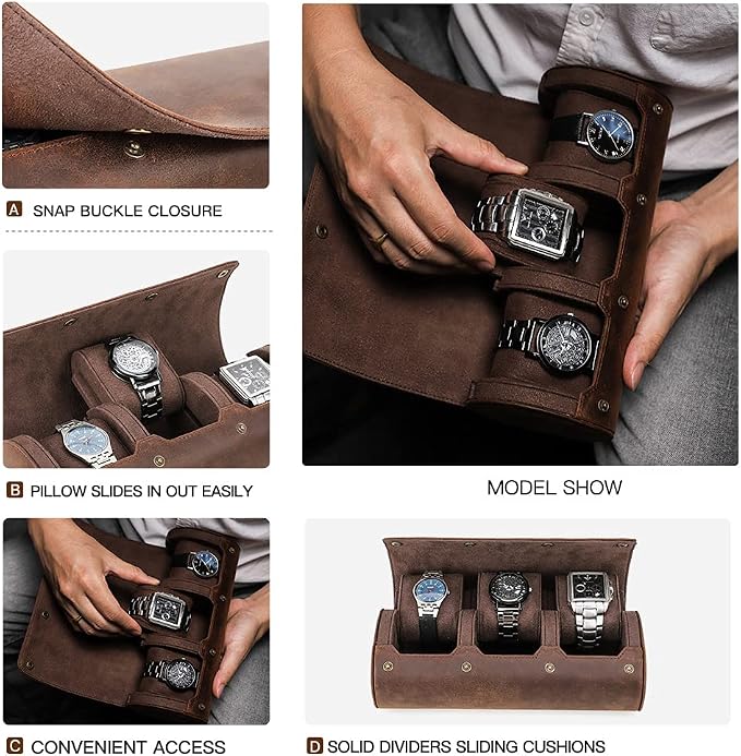 Hiram Leather Watch Roll Travel Case,Vintage Crazy Horse Leather 3-Slots Watch Box with Removable Velvet Pillows, Secure Metal Clasp, Perfect for Daily Display & Business Travel - Image 6