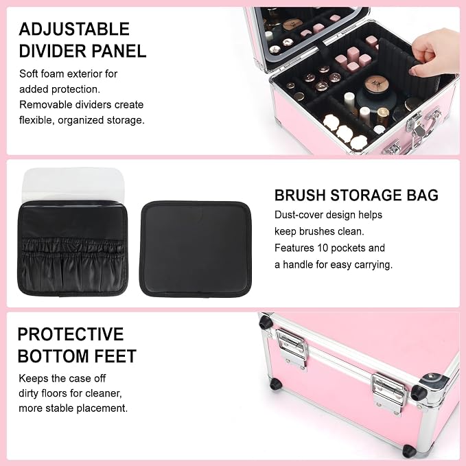Makeup Case with LED Mirror, Portable Lockable Vanity Case, Travel Makeup Train Box for Women, Cosmetic Organizer, Detachable 3-Color Lighted Mirror, Adjustable Dividers, Brush Holder - Image 4
