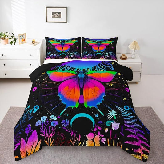 Erosebridal Moth Comforter Set King Hippie Psychedelic Sun and Moon Bedding Set,Purple Blue Ombre Galaxy Floral Botanical Comforter for Girls Teens Women Stars Planet Quilt Duvet 2 Pillowcases by Erosebridal