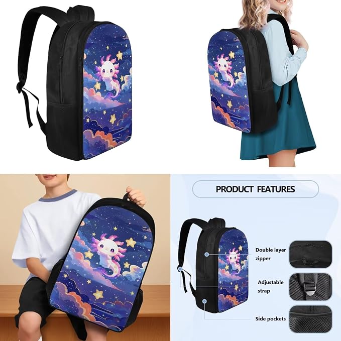 4 Pack Backpack for Boys Girls with Reusable Lunch Bag Pencil Bag Water Bottle Sling for School, Galaxy Axolotl School Bag Bookbag Rucksack Primary Middle Knapsack Set - Image 3