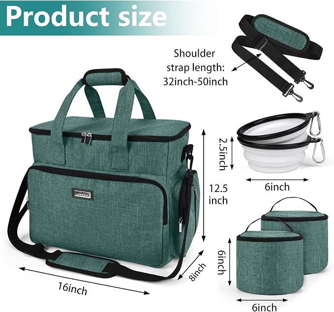 BAGLHER Dog Travel Bag, Airline Approved Pet Tote Organizer with Multi-Function Pockets, 2 X Food Storage Containers and 2 X Collapsible Bowls, Perfect Weekend Pet Travel Set for Dog, Cat Green - Image 3