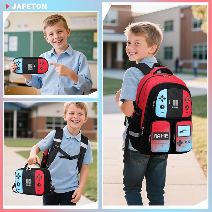 Gamer Backpack for Boys , 3PCS Boys Backpack with Lunch Box & Pencil Pouch, Waterproof School Bags for Boy Kids Children Teens, Elementary Middle School, Kids Book Bag Casual Daypack (Red Black) - Image 8