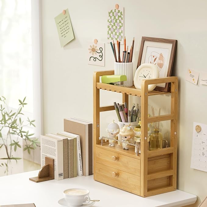 AmazerBath Bamboo Bathroom Countertop Organizer, 2-Tier Makeup Organizer with 2 Drawers, Vanity Organizer Storage Coffee Matcha Station, Compact Shelf for Bathroom Kitchen Office - Image 2