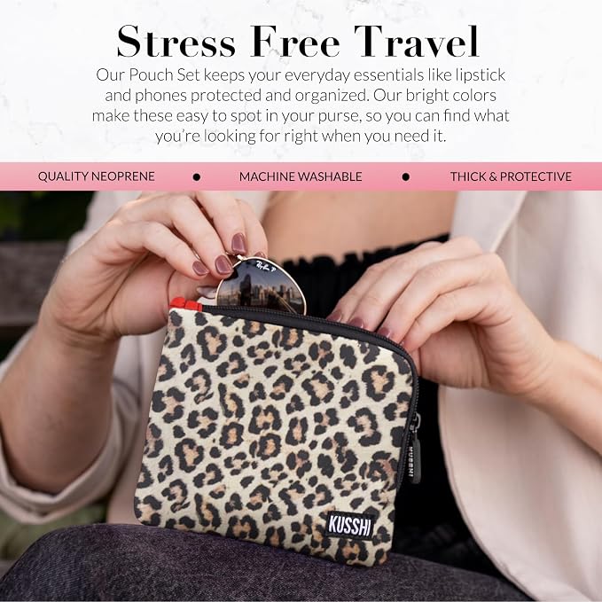 KUSSHI 2pc Neoprene Pouch Set - Passport Holder and Travel Zipper Makeup Pouch for Purse - Small Purse Pouch for Organization, Electronics, Glasses & Valuables (Leopard) - Image 2