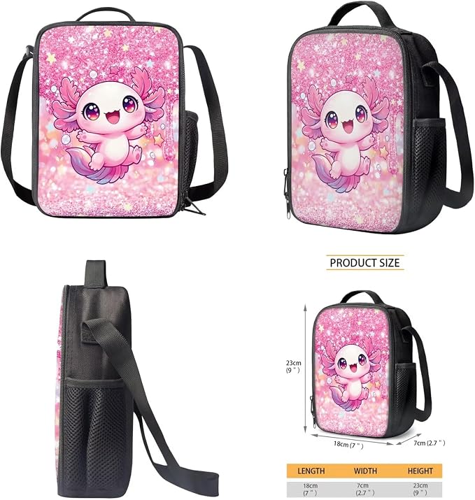 Sparkle Axolotl Kids Backpack 4-Piece Set, 17'' Cute Bookbag with Lunch Bag, Pencil Case & Water Bottle Holder, Lightweight School Bag Gifts for Girls Age 6-12 - Image 5
