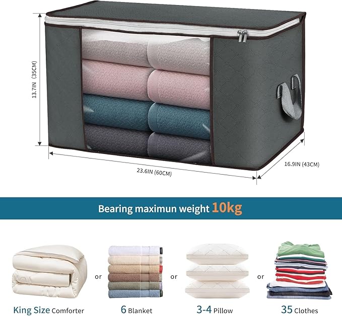 Large Storage Bags, 3 Pack Clothes Storage Bins Foldable Closet Organizers Storage Containers with Durable Handles Thick Fabric for Blanket Comforter Clothing Bedding 90 L (Gray) | Foldable Storage Containers, with Reinforced Handle, for Clothing, Blan... - Image 2