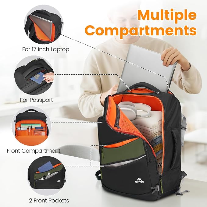 MATEIN Carryon Backpack with Tech Organizer, Frontier Personal Item Bag | Detachable Shoe Compartment, Airline Approved, 18×14×8 inch, 17 inch Travel Laptop Backpack, Weekender, Filght Essential - Image 6